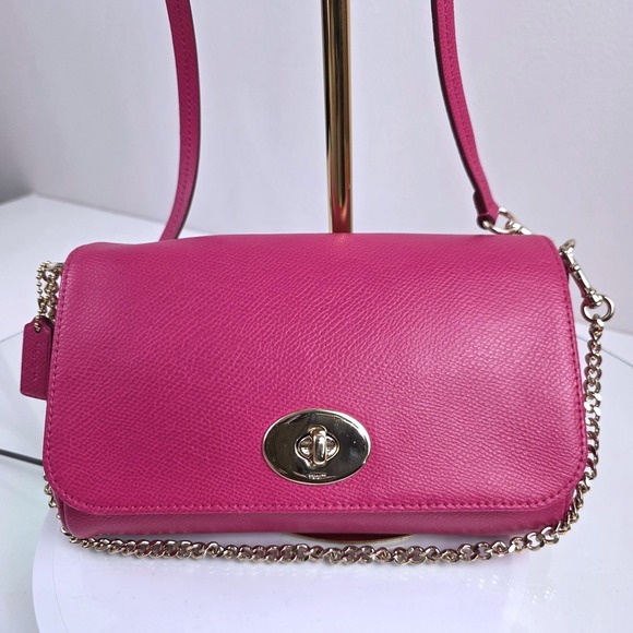 Coach Mini Ruby Pink Crossbody Gold Chain Crossgrain Leather - Picture 1 of 15